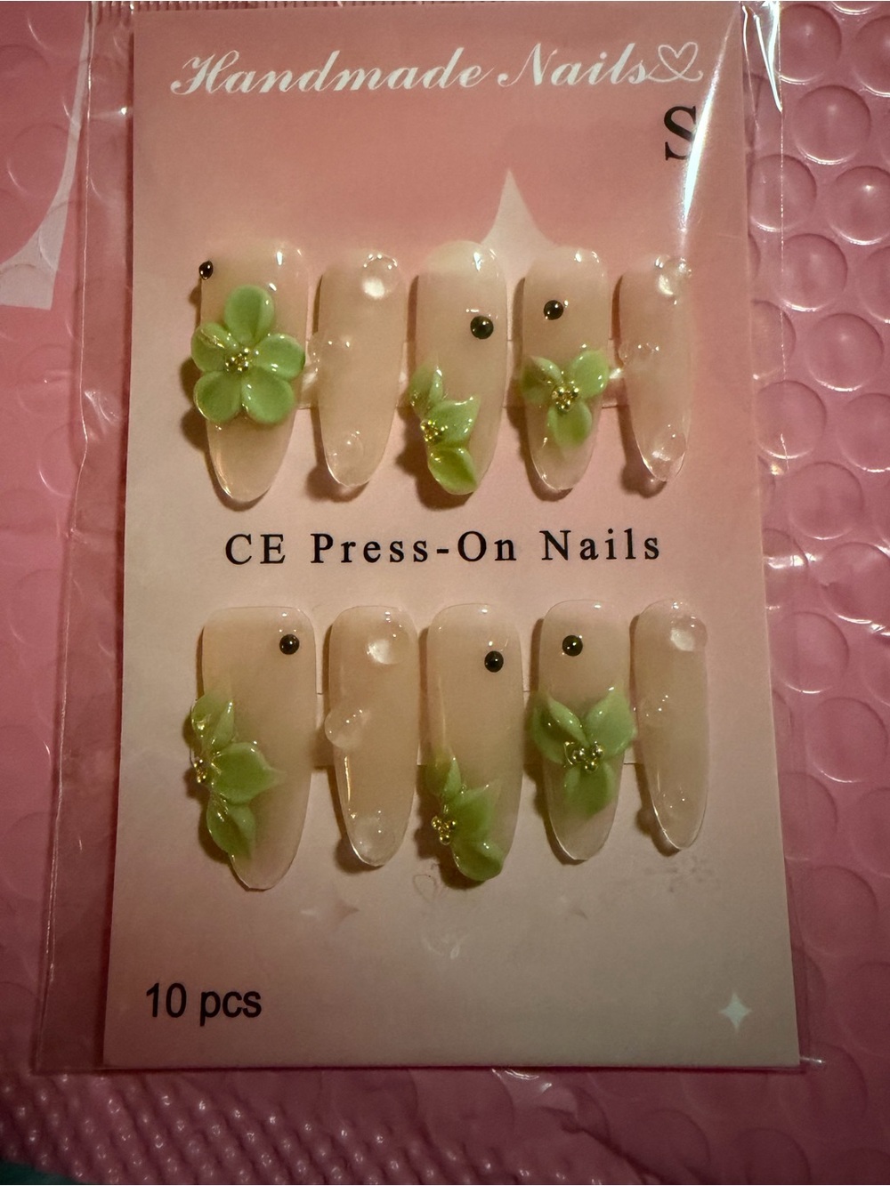 Handmade Cream Press-On Nails with Green Floral Accents - 10 pcs